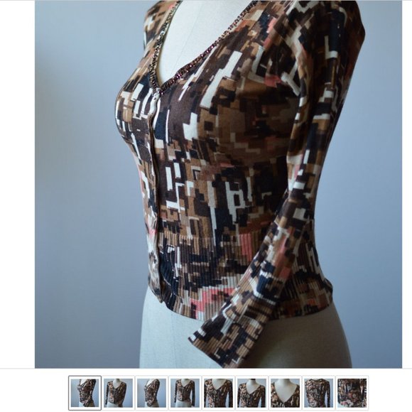 Women Cropped Blouse Cashmere|Silk Long Sleeve Geometric V Neck - Picture 2 of 7